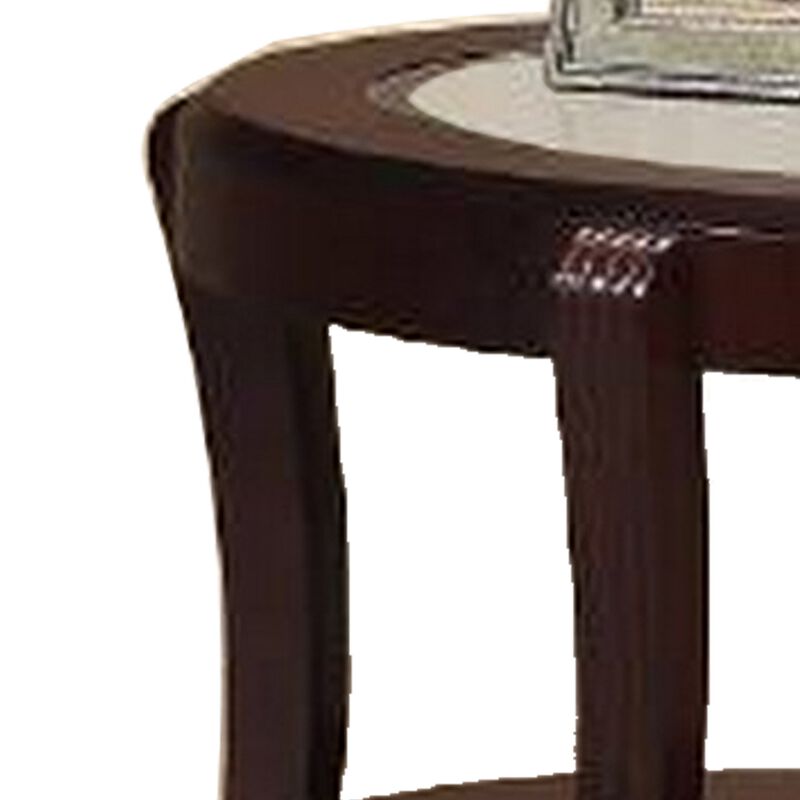 Lyn 31 Inch Side End Table with Oval Glass Top and Lower Shelf, Brown Wood
