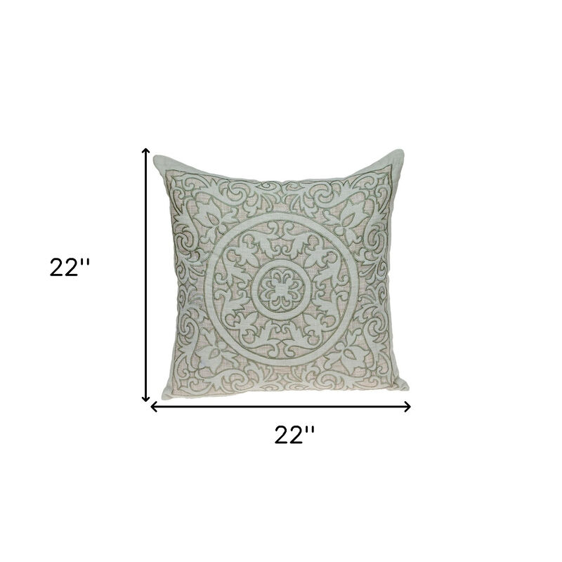 HomeRoots 22" Beige and Green Damask Linen Blend Throw Pillow with Embroidery and Applique image number 4