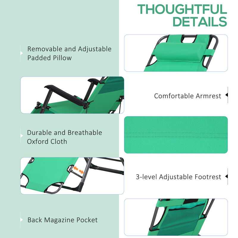 Outdoor Folding Patio Chaise Lounger Armchair Recliner w/ Padded Headrest, Green