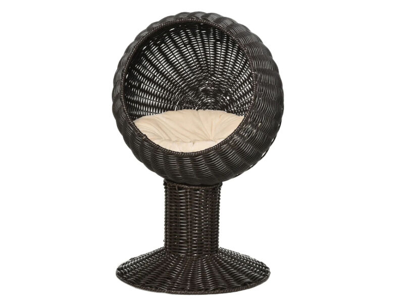 Rotatable Cat Retreat: 27" Coffee-Colored Woven Grass Egg Chair Pod