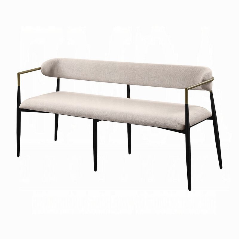 Vonn Dining Bench, Modern 62 Inch Black Metal Frame, Beige Fabric Back - Benzara