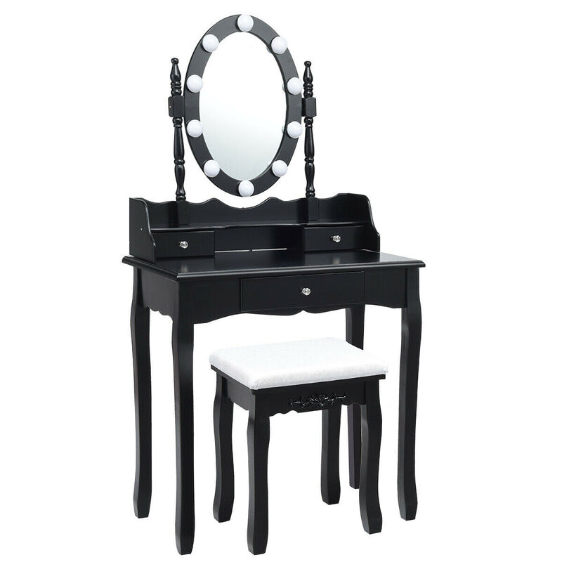 Vanity Set with Oval LED Mirror, 10 Dimmable Bulbs & 3 Drawers