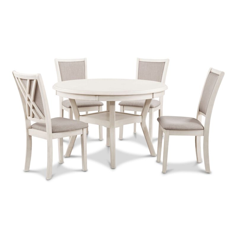 Aine 5 Piece Round Dining Table and Chair Set, White Wood, Fabric Seat - Benzara