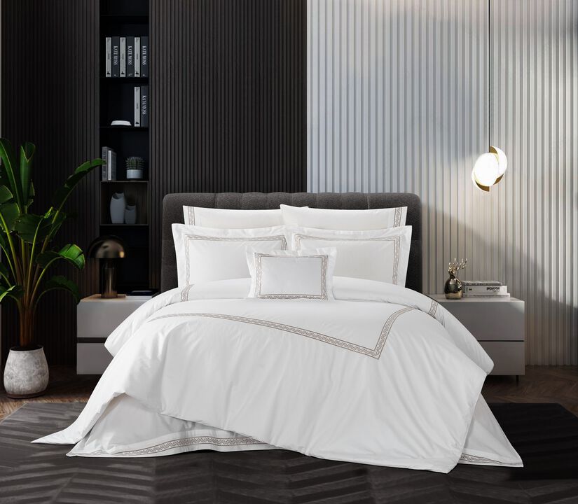 Chic Home Crete Cotton Comforter Set Solid White With Dual Stripe Embroidered Border Zig-Zag Details Hotel Collection Bedding - Includes Decorative Pillow Shams - 4 Piece - Queen 92x96, Beige