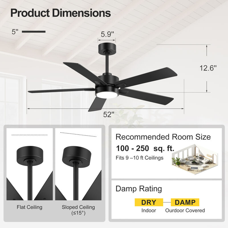 Breezary 52 Inch LED Ceiling Fan with Light, Tuya WiFi App Control, Dimmable 3CCT, 5 Blade Quiet Ceiling Fan image number 4