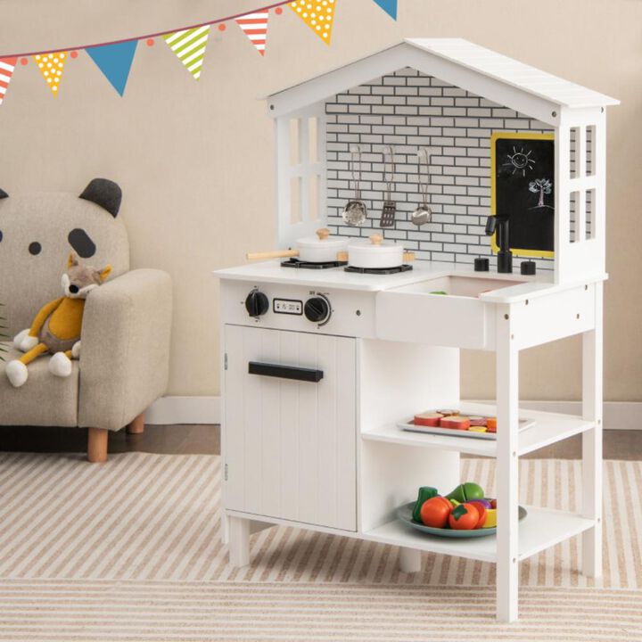 Hivvago Kids Wooden Kitchen Play Set with Storage Shelves and Accessories