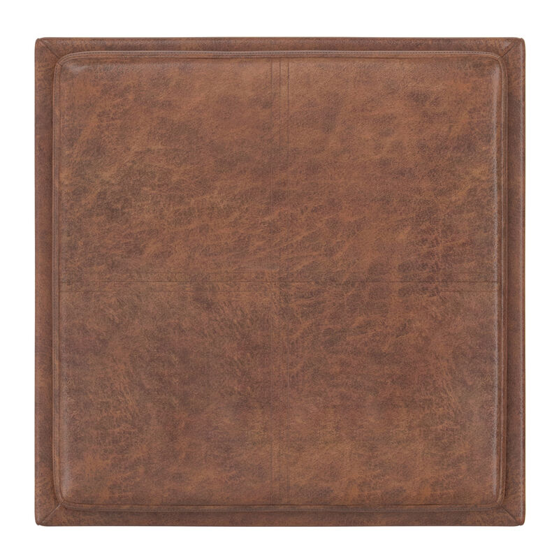Rockwood 17 inch Wide Contemporary Square Cube Storage Ottoman with Tray in Distressed Saddle Brown Vegan Faux Leather, Assembled image number 3