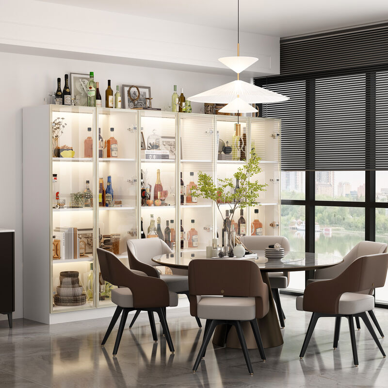 FUFU&GAGA 63 in. Tall White Wood Bookcase Bookshelf With 3-Color LED Lights and Tempered Glass Doors,(94.5" W x 63" H x 15.7" D), White