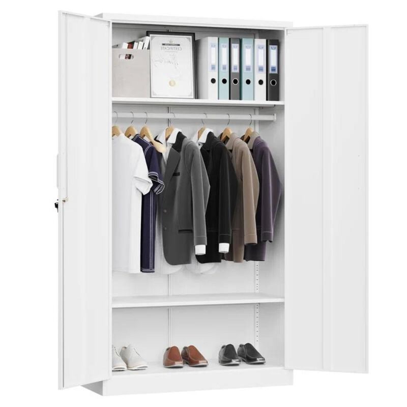 Hivvago White Metal Locking Wardrobe Armoire Cabinet with Clothing Hanging Rod
