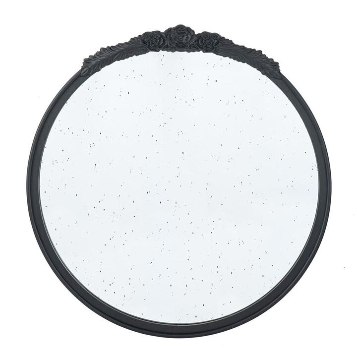 HomeRoots 30" Black Crowned Top Antiqued Glass Round Framed Accent Mirror