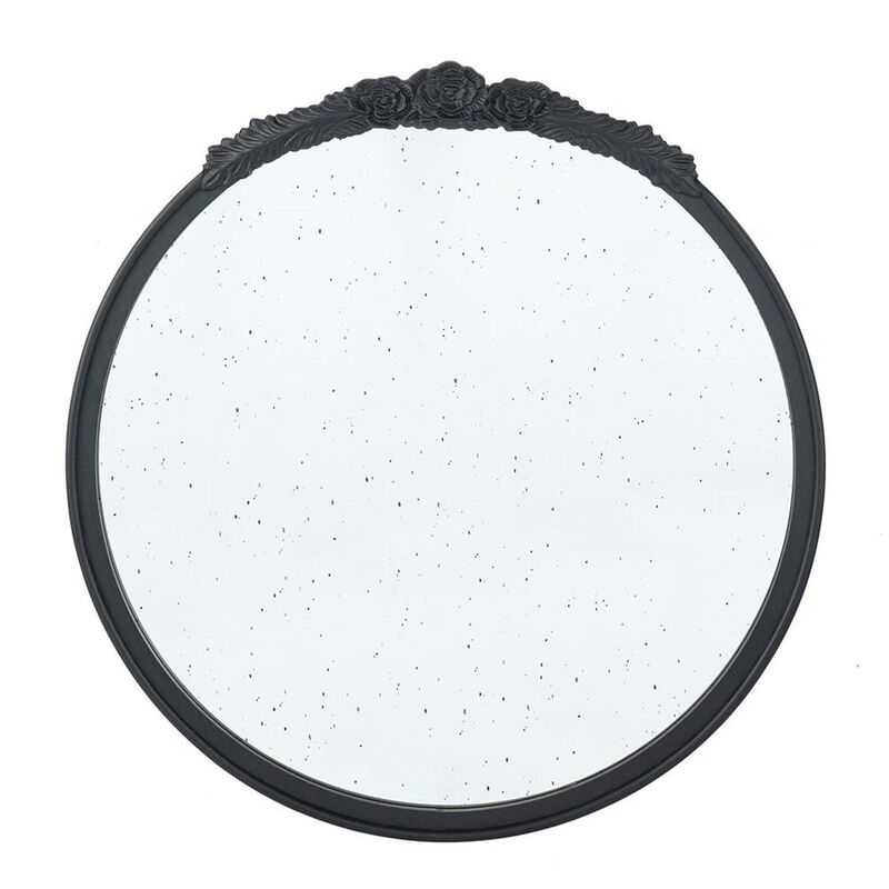HomeRoots 30" Black Crowned Top Antiqued Glass Round Framed Accent Mirror image number 0