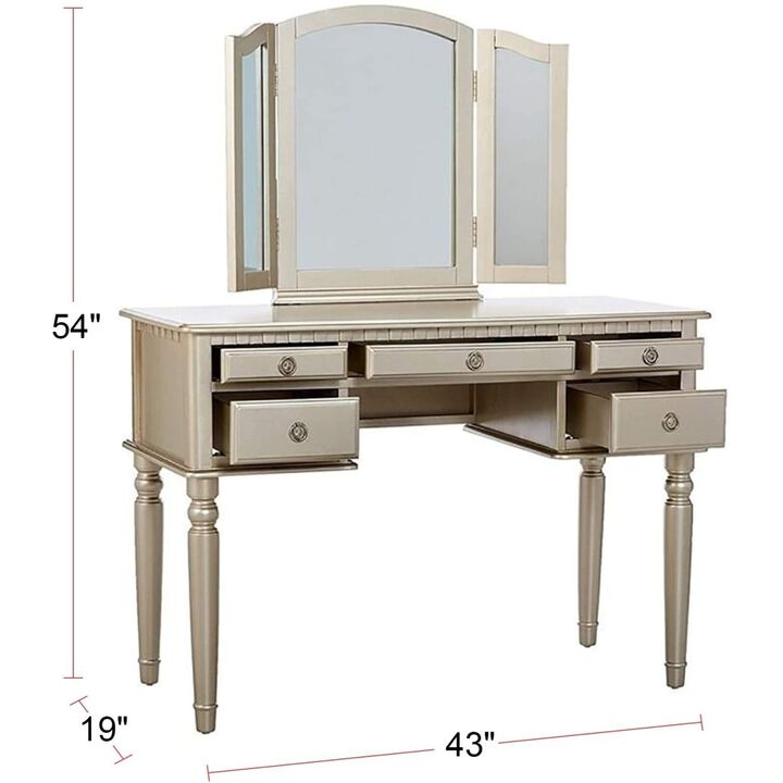 Bedroom Contemporary Vanity Set w Foldable Mirror Stool Drawers Silver Color