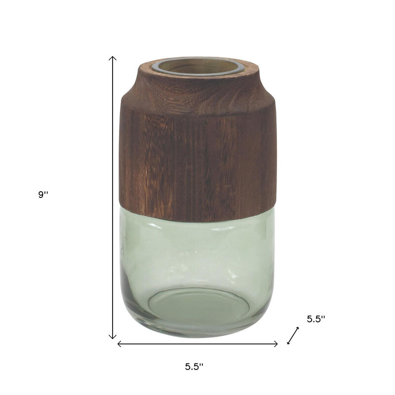 HomeRoots 9" Brown And Sage Glass Cylindrical Table Vase With Wood image number 2