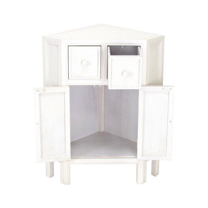 Wooden Corner Cabinet with 2 Drawers and 2 Doors, White - Benzara