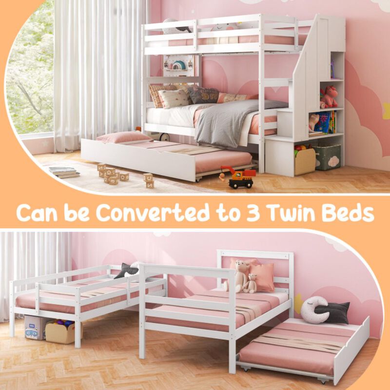 Hivvago Home Wood Bunk Bed with Guard Rail and 4-step Storage Stairs No Box Spring Needed