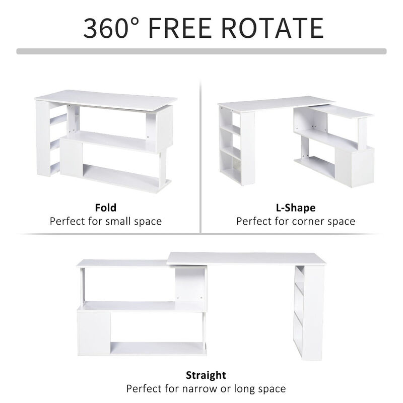 White Multitasking Hub: 360° Rotating L-Shaped Office Desk with Storage