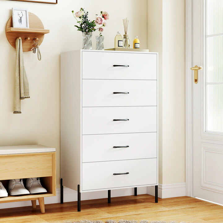 Modern Tall 5-Drawer Storage Chest with Metal Legs - White