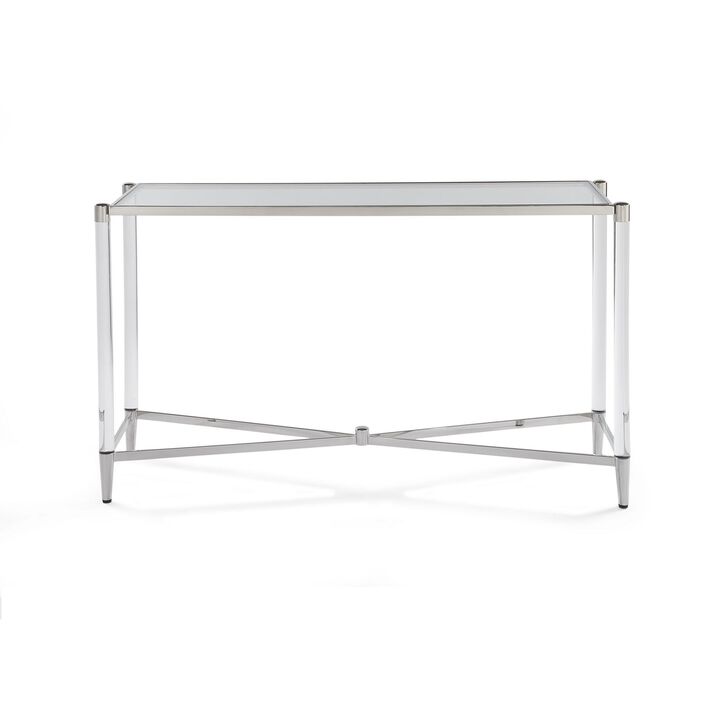 52 Inches Glass Top Console Table with Acrylic Legs, Clear and Chrome-Benzara