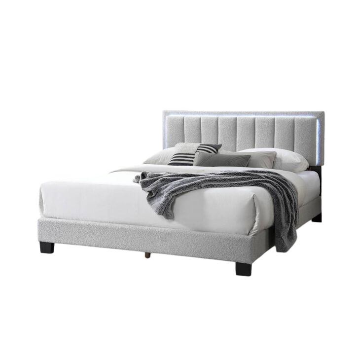 Zemo Queen Size Bed, LED Headboard, Tufted Light Gray Wool Upholstery - Benzara