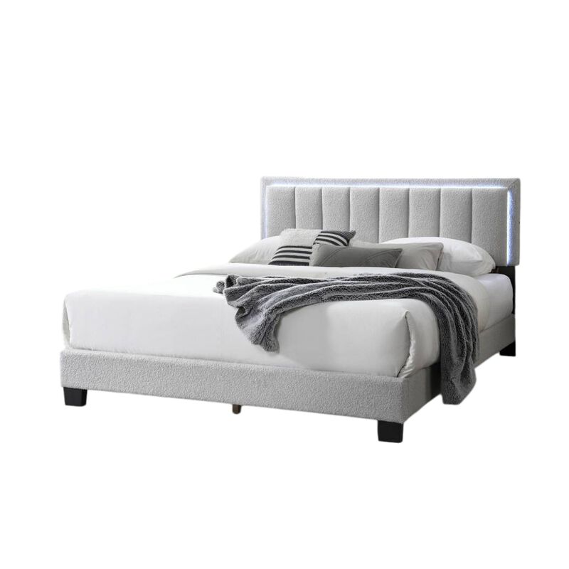 Zemo Queen Size Bed, LED Headboard, Tufted Light Gray Wool Upholstery - Benzara
