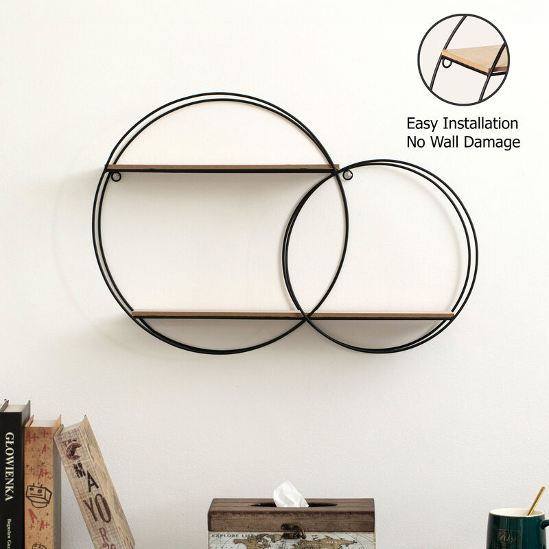 Vintiquewise Interlinked Round Wall-Mounted Shelf - Dual-Size Circular Design, Sturdy Metal Frame and 2-Tier Wooden Shelves for Modern Decor, Home Organization and Practical Storage Solutions, Black