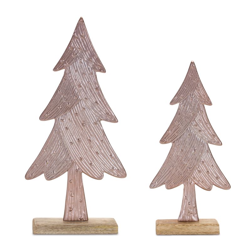 Etched Metal Pine Tree Figures on Wood Base, Set of 2 for Festive Accent Display