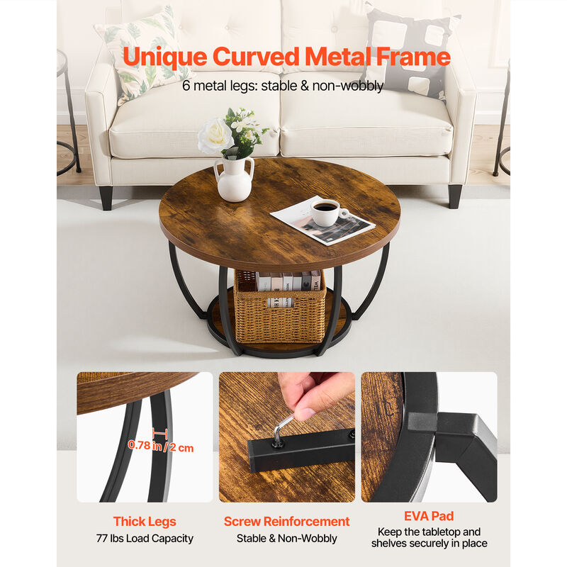 VEVOR Round Coffee Table 2 Tier Wooden Circle Center Desk with Metal Frame Brown image number 6