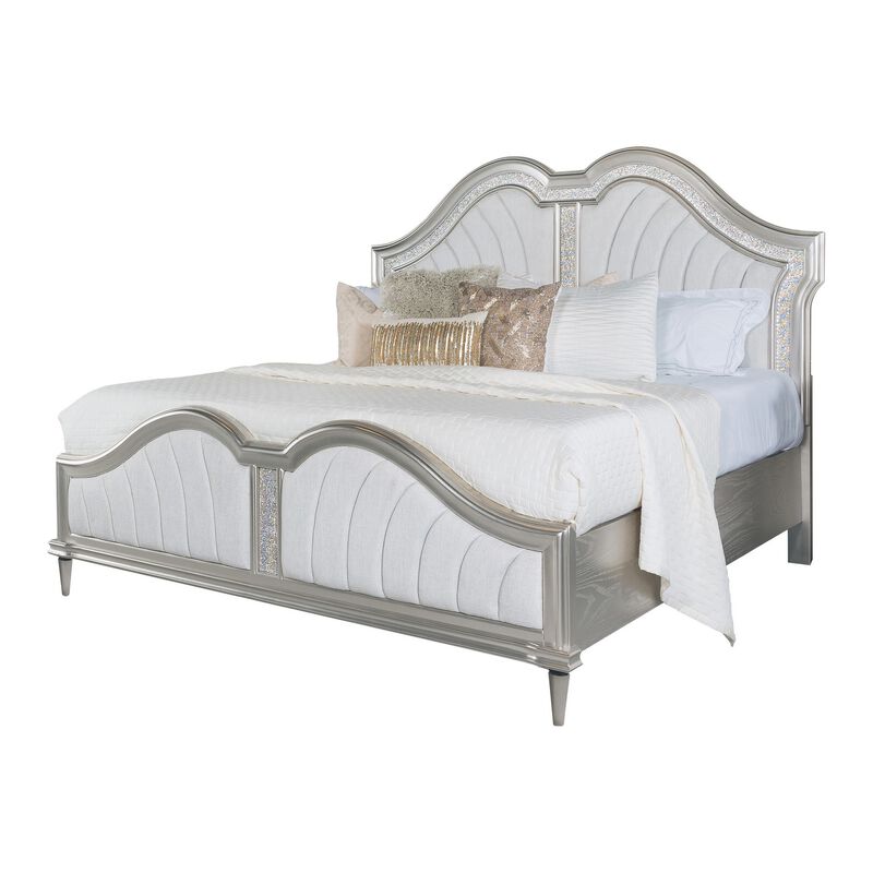 Nive Queen Bed, Oak Wood, Double Arched Upholstered Headboard, Ivory Silver - Benzara
