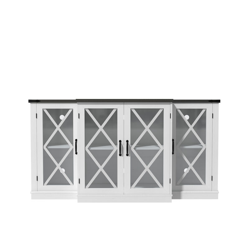 Farmhouse TV Stand for 70" TV, Wooden Media TV Console Entertainment Center with 4 Glass Door, Height Adjustable Shelves and Storage, White