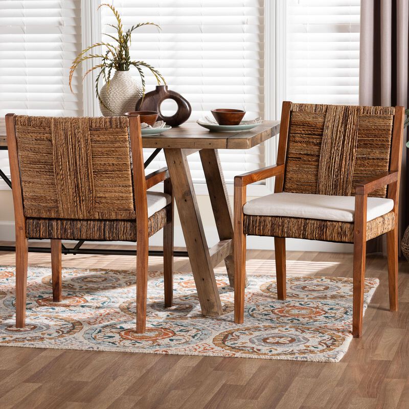 bali & pari Chabela 2-Piece Handwoven Seagrass Armchairs - Solid Mango Wood Frame Dining Chair with Woven Seat and Backrest, Rustic Boho Style Kitchen or Dining Room Seating, Medium Brown