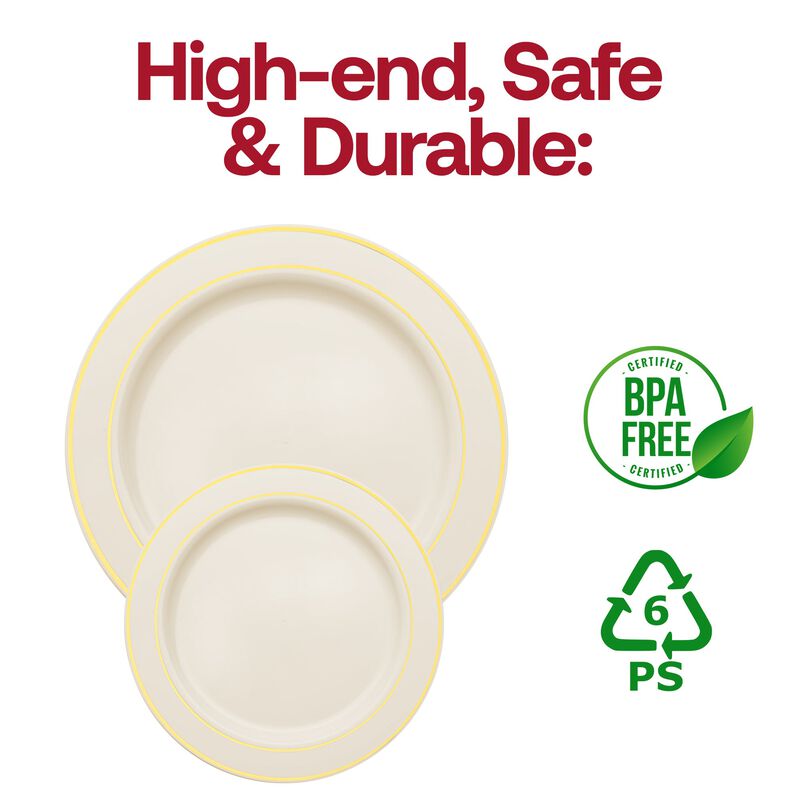 10.25" Ivory with Gold Edge Rim Plastic Dinner Plates (120 Plates) image number 4