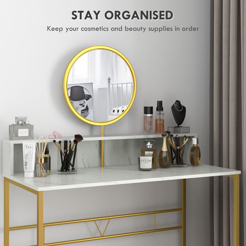 HOMCOM Modern Vanity Makeup Desk with Mirror, Dressing Table with Open Storage, Faux Marble Finish and Steel Frame for Bedroom, White and Gold