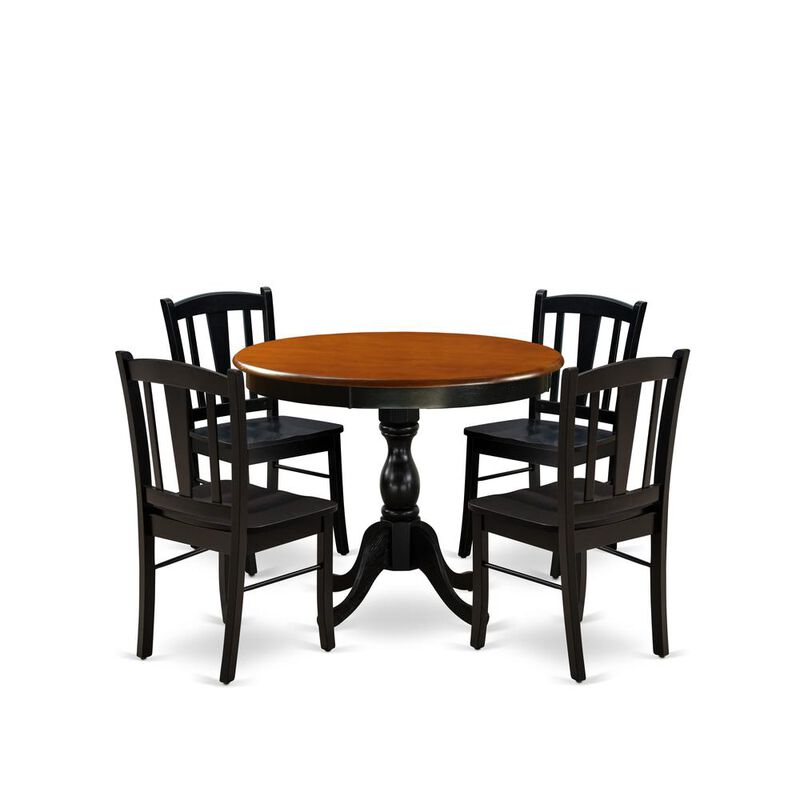 East West Furniture 5-Piece Modern Dining Set Includes a Round Wood Table and 4 Dining Room Chairs with Slatted Back - Black Finish