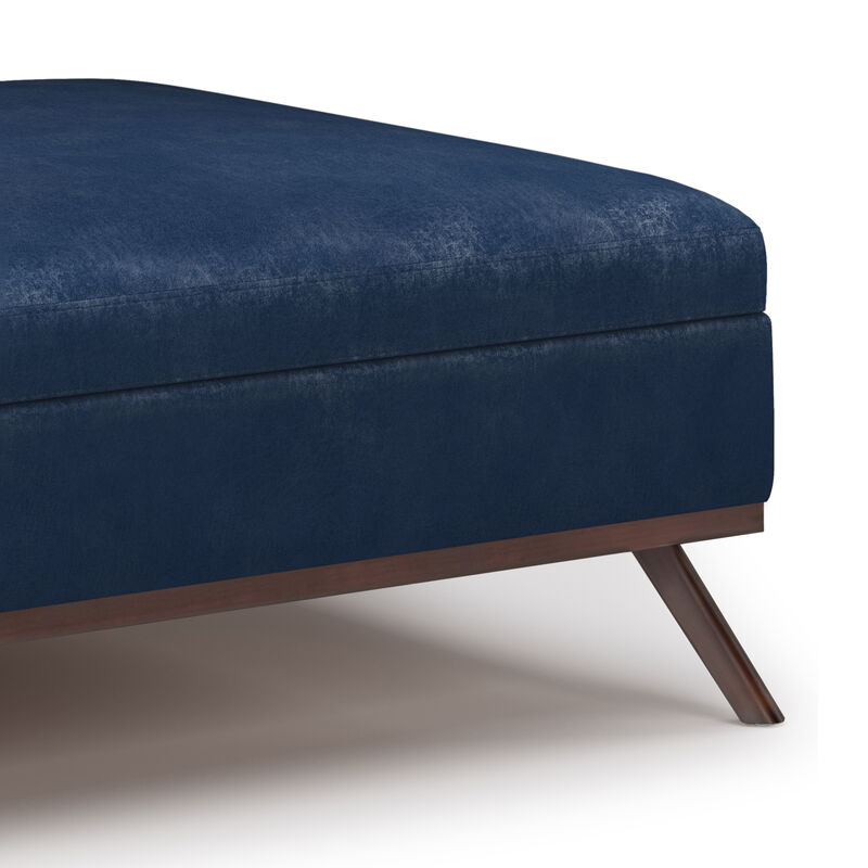Owen Square Coffee Table Storage Ottoman in Distressed Dark Blue Faux Leather