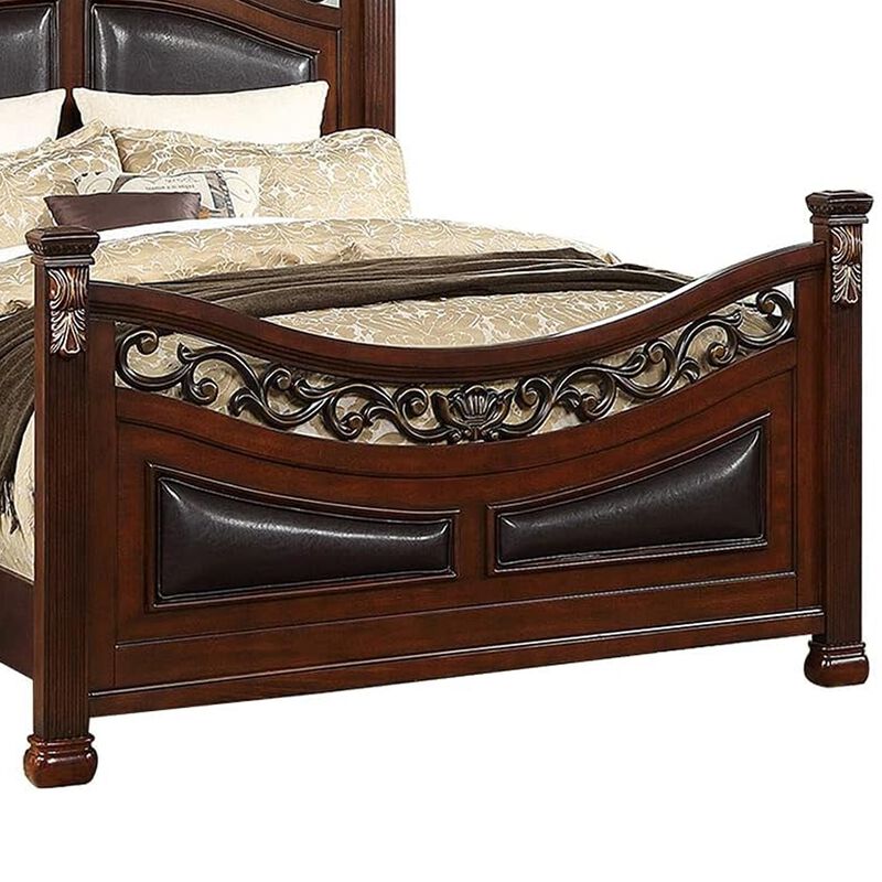Meo Queen Size Bed, Padded Carved Dark Brown Faux Leather Upholstered - Benzara