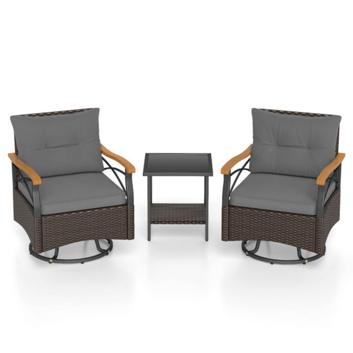 Outdoor Swivel Chair Set 3 Piece with Tempered Glass Side Table