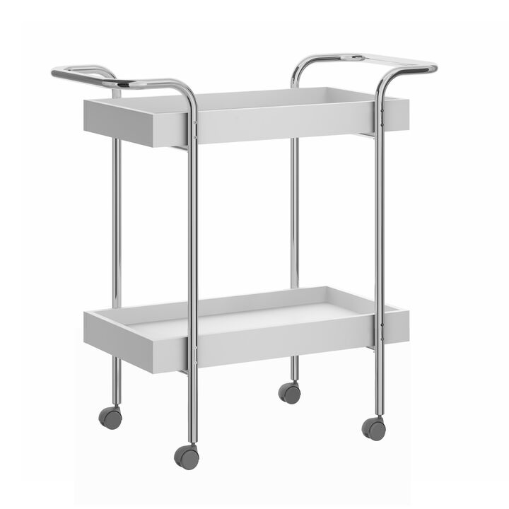 Storage Cart with 2 Tier Design and Metal Frame, White and Chrome