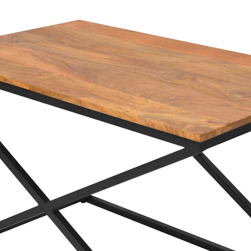 35 Inch Wooden Rectangle Coffee Table with X Shaped Metal Frame, Brown and Black image number 2