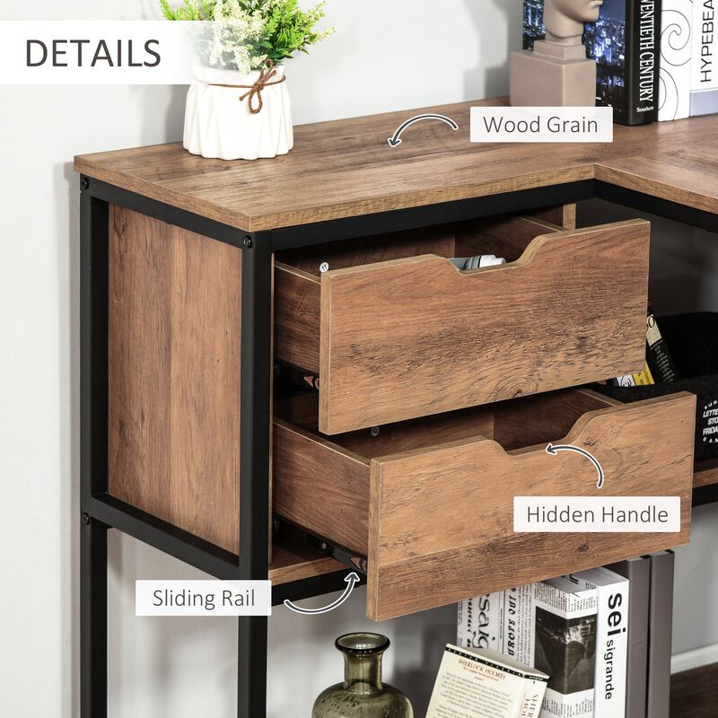 Brown Corner Workstation: L-Shaped Desk with Storage and Drawer