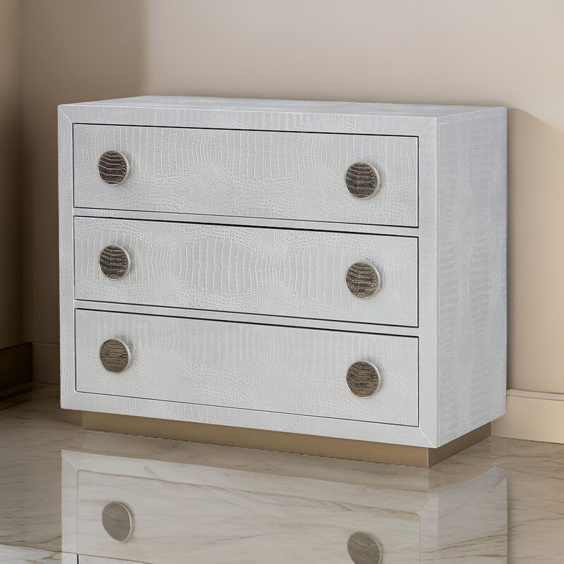 44 Inch Wide Nightstand Dresser with Faux Crocodile Skin, Silver Wood