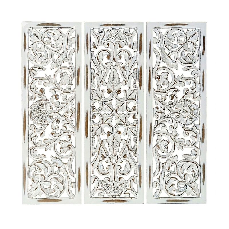 Leva 3pc Wood Wall Decor Set, Moroccan Floral Carving, Antique White Finish, 36 Inch Square image number 0