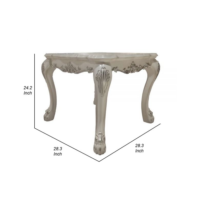 Ally 28 Inch Side End Table, Aspen Wood, Classic Scrollwork, Polyresin
