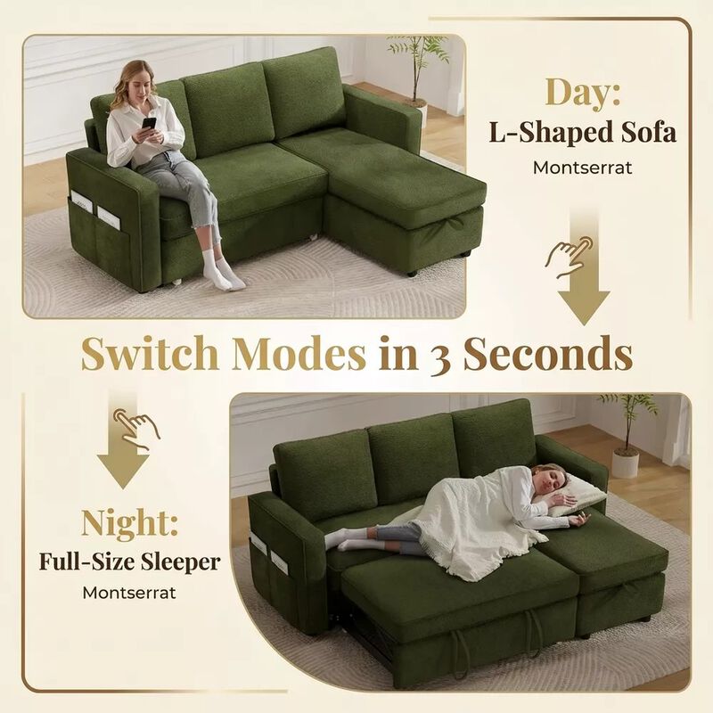 81" Sleeper Sofa Bed, 2 in 1 Pull Out Couch, Sectional Sofa with Reversible Storage, Side Pockets image number 4