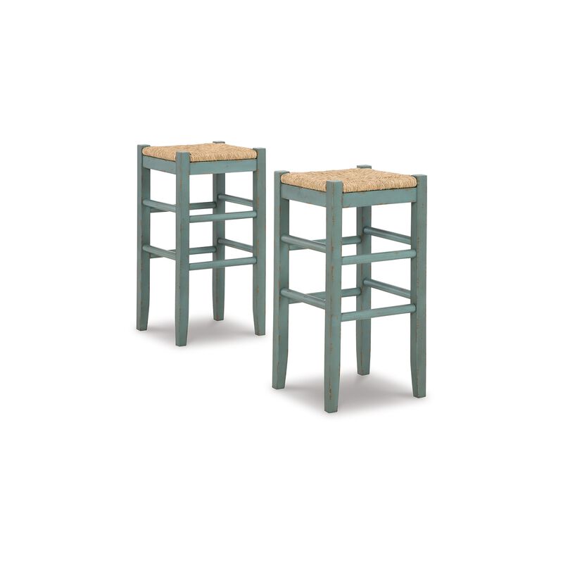 Anya Bar Height Stool Set of 2, Brown Woven Seat, 30 Inch Rustic Blue - Benzara