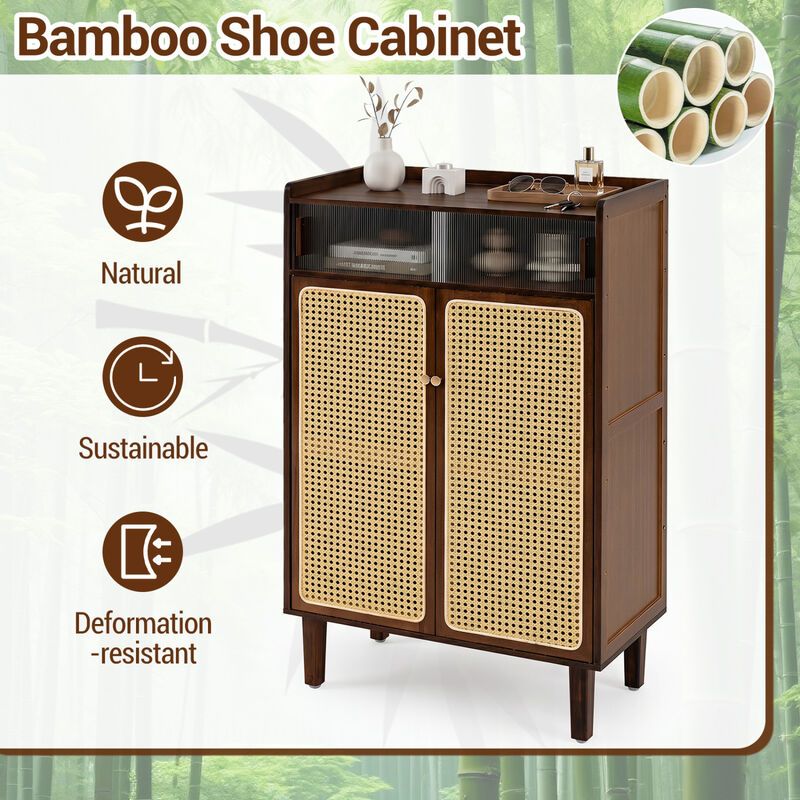 5-Tier Bamboo Shoe Cabinet with Woven Rattan Doors and Sliding Doors for Entryway image number 4
