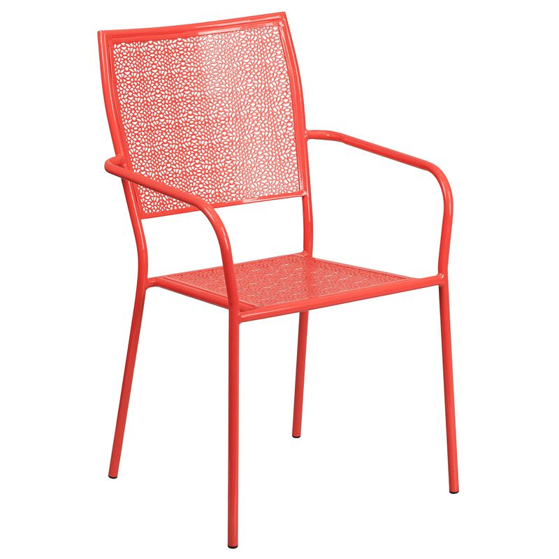 Flash Furniture Commercial Grade 35.25" Round Coral Indoor-Outdoor Steel Patio Table Set with 2 Square Back Chairs