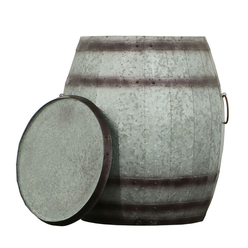Drum Shape Metal Wine Storage Table with Removable Lid, Rustic Brown and Gray-Benzara