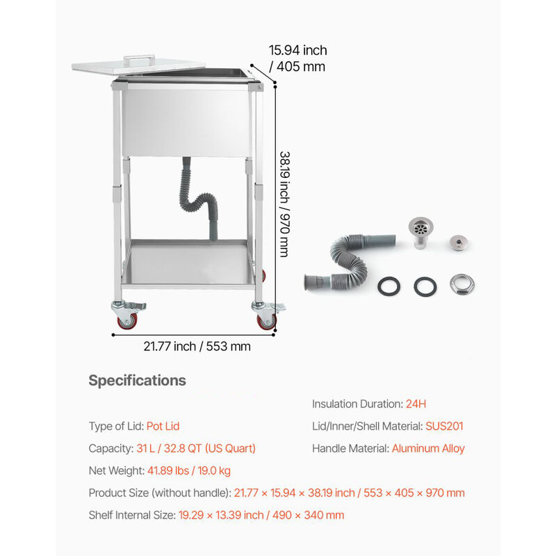 Rolling Ice Chest Cooler Cart 32.8Qt Stainless Steel Outdoor Trolley image number 2