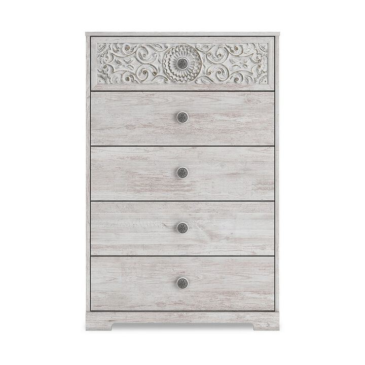 46 Inch 5 Drawer Modern Tall Dresser Chest, Whitewashed Carved Design Wood - Benzara