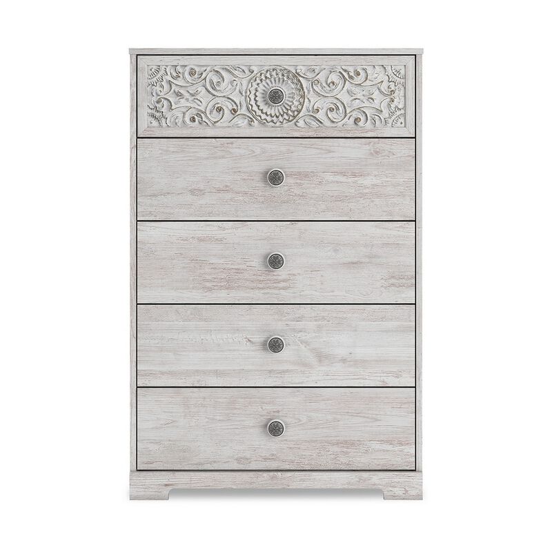 46 Inch 5 Drawer Modern Tall Dresser Chest, Whitewashed Carved Design Wood - Benzara